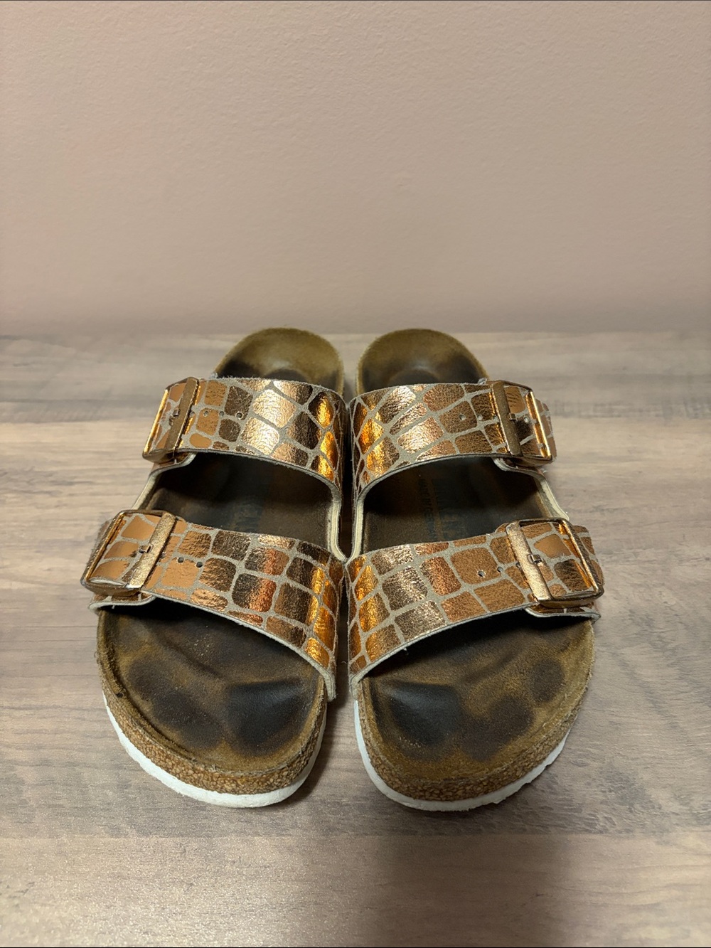 Birkenstock Metallic Bronze Croc-Embossed Double Buckle Sandals
